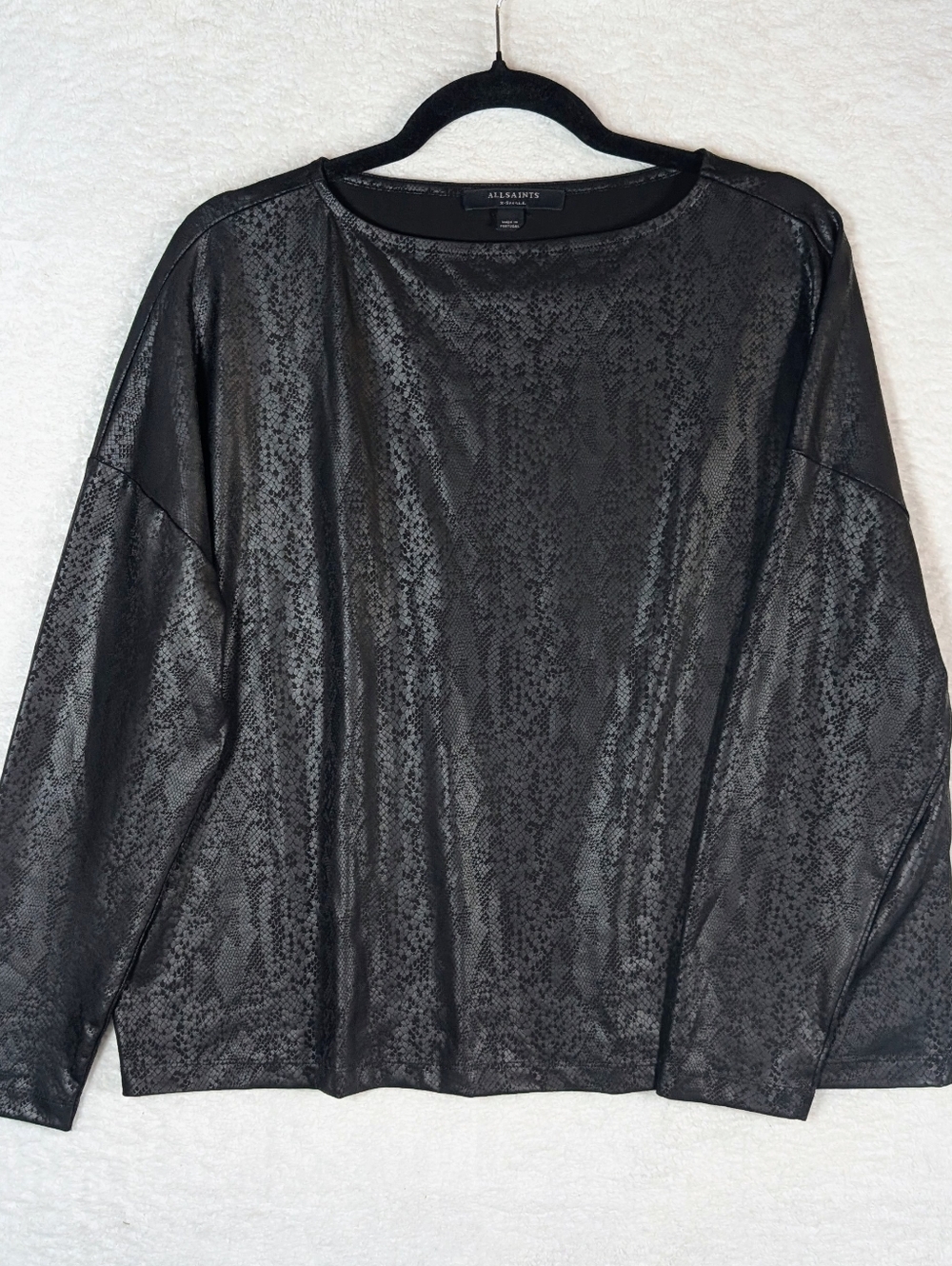 402-All Saints Black Snakeskin-Effect Long Sleeve Top